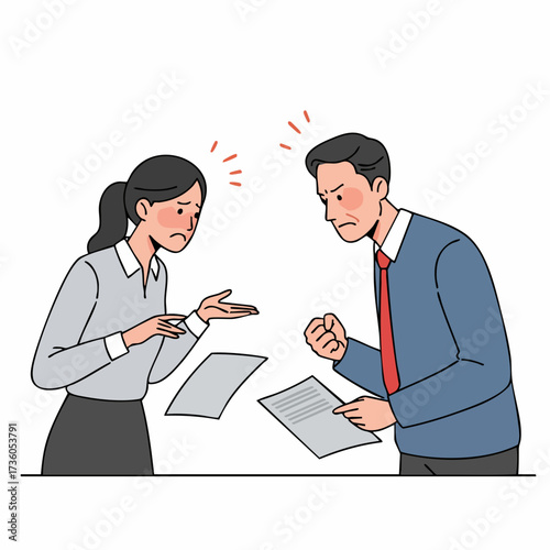 Cartoon Handdrawn Illustration of Angry Businesspeople Arguing over Document Disagreement