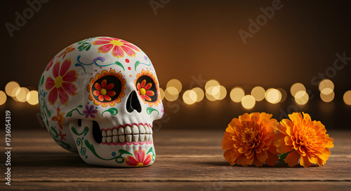 Colorful sugar skull with marigold flowers on wooden table background  