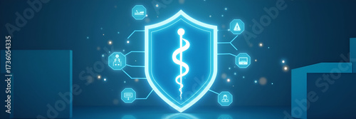 A prominent medical shield icon with various healthcare symbols surrounding it, emphasizing health insurance and medical care concepts, leaving copy space for potential annotations.
