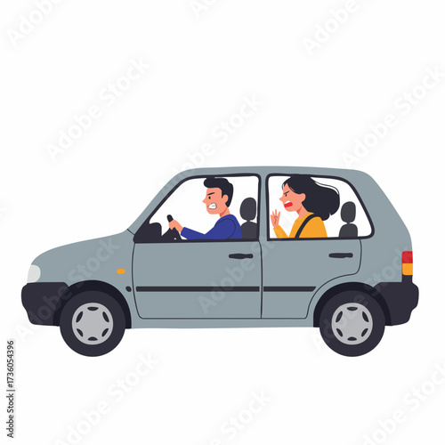 Flat Cartoon Couple Riding in Gray Car Travel Illustration