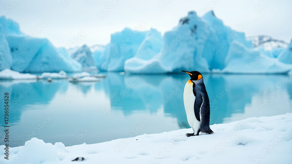 Fototapeta premium Penguin standing on ice, cold and serene Arctic landscape, bright sunlight reflecting off snow, sense of resilience in nature