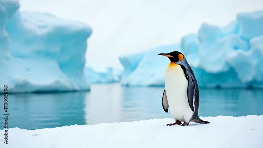 Fototapeta premium Penguin standing on ice, cold and serene Arctic landscape, bright sunlight reflecting off snow, sense of resilience in nature