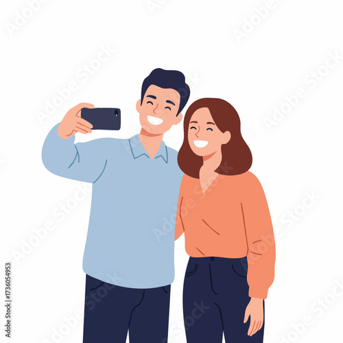 Flat Style Cheerful Couple Taking a Selfie with Smartphone Illustration
