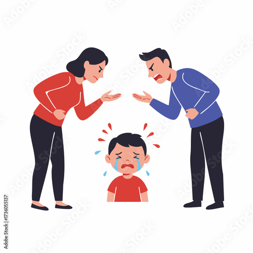 Flat Illustration of Arguing Couple with Crying Child Conflict Resolution
