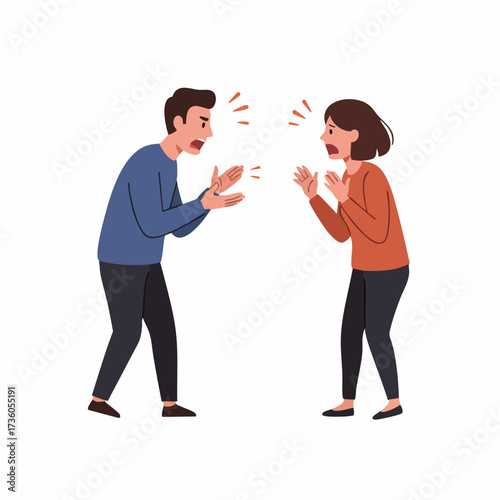Flat Illustration Angry Couple Arguing with Shouting Face Expression Concept