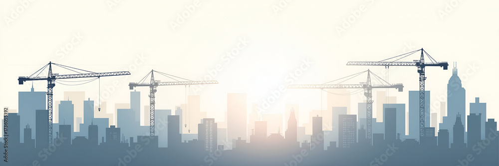 Obraz premium Holographic construction cranes surrounded by building structures, conveying dynamic development against a neutral backdrop that accommodates essential copy space for branding.