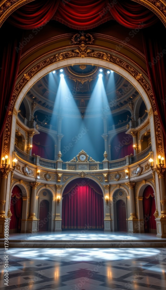 Obraz premium Elegant theater interior with ornate architecture, red curtains, and dramatic lighting creating a captivating stage setup