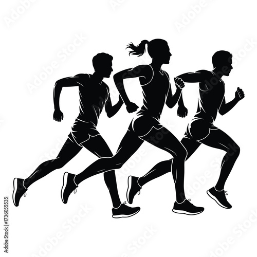 Silhouettes of three runners in full stride on a white background Keywords: athlete, athletes, black and white, competition, contest, distance running, endurance, exercise, fitness, group, human