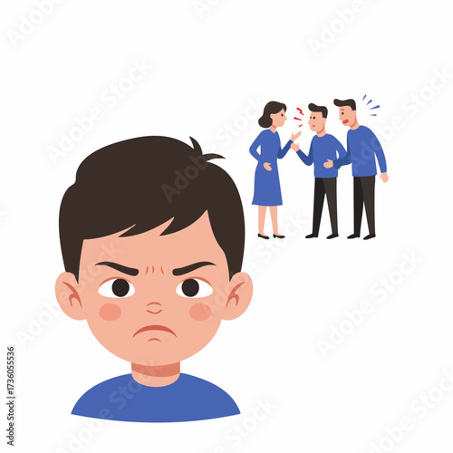 Flat Illustration Angry Boy Depicting Emotion in Front of Arguing People