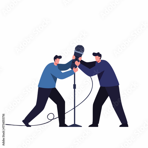 Flat Colorful Two Men Holding Microphone Stand Fight Illustration