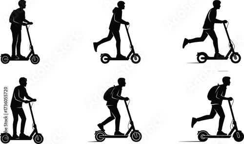 Silhouette of people riding electric scooters with backpacks, urban eco transport illustration, black vector commuter design for modern city travel and mobility