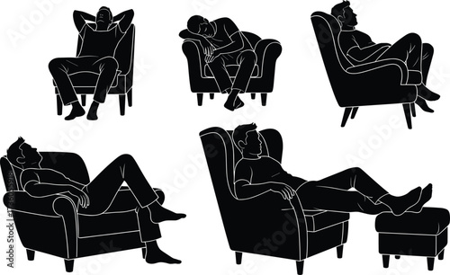 Relaxed man silhouette, seated and reclined poses, armchair comfort, leisure posture, ergonomic rest, black vector illustration, lifestyle concept, minimal design, stock art