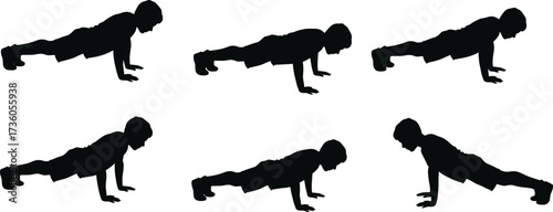 Push-up plank silhouette, fitness posture illustration, bodyweight exercise concept, gym training form, strength workout visual, health and wellness art, black figure design