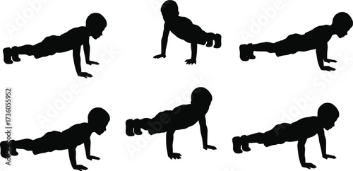 Push-up exercise silhouette, bodyweight workout illustration, fitness training movement, gym routine posture, strength building visual, health and wellness concept, black figure art
