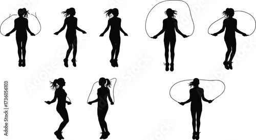 Jump rope silhouette, female fitness movement, cardio exercise illustration, athletic training posture, workout rhythm concept, health and wellness design, black figure sequence
