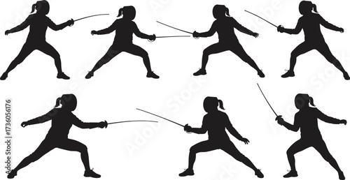 Fencing duel silhouette, sword fighting action, athletic combat pose, sports training movement, martial arts stance, protective gear concept, black figure illustration