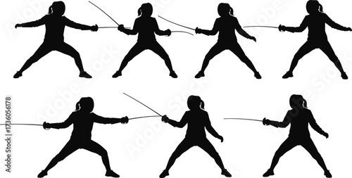 Fencing silhouette, sword fighting action, athletic combat pose, sports training movement, competitive duel illustration, protective gear concept, black figure design, martial art stance