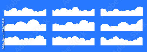 Set of simple cloud border silhouettes in a clean, flat design. Collection of white, cartoon-style clouds is perfect for creating sky backgrounds or decorative bottom frames