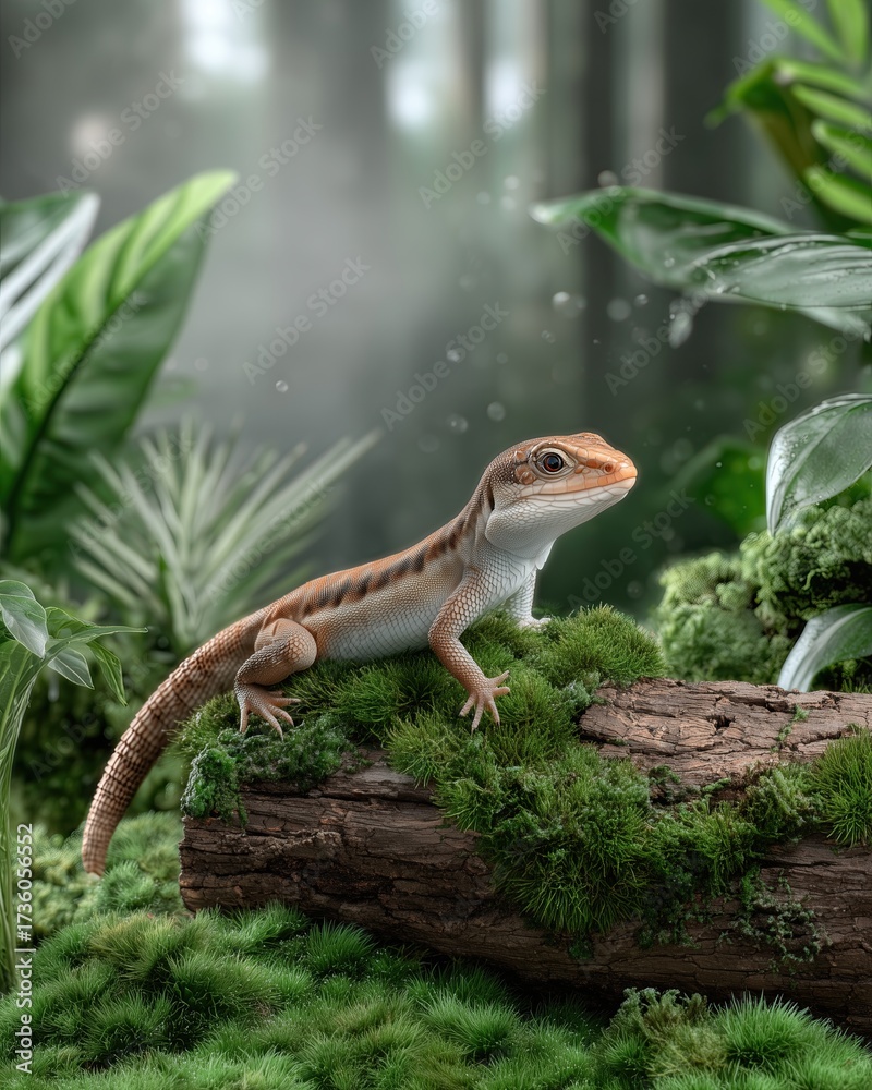 Fototapeta premium Creative Animal Artwork Vibrant Lizard on Mossy Log Amid Lush Jungle Foliage high quality design
