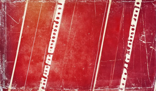 A close-up of an old, faded red film negative with white scratches and streaks across the surface.