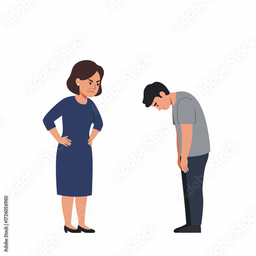 Flat Illustration of Mother Scolding Her Son, Family Conflict Scene
