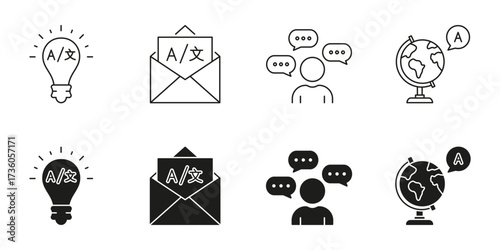 Multilingual Communication, Global Language Exchange Line And Solid Icon Set., Language Translation Services Symbol Collection. Language Learning And Cultural Exchange. Isolated Vector Illustration