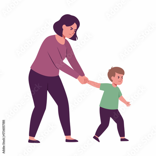 Flat Illustration Anxious Mother Trying to Calm Her Stubborn Son