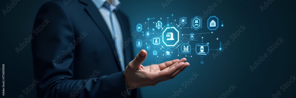 Naklejka premium Hand interacting with holographic AI laws interface displaying artificial intelligence legal standards ethics regulatory compliance icons symbolizing AI regulations and technology law in empty space c