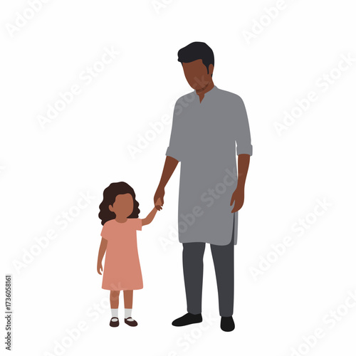 Flat Style Illustration Father and Daughter Holding Hand Family Moment
