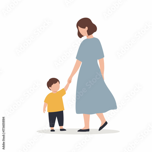 Simple Flat Style Mother with Son Holding Hands Family Illustration