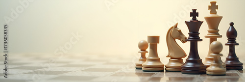 An artistic arrangement of chess pieces symbolizing strategy and problem-solving, presented on a neutral background with ample negative space for overlays and annotations.