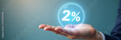Hand holding holographic zero percent interest rate symbol representing zero percent financing discounts no commission sales promotions in empty space concept as Hand holds holographic zero percent sy