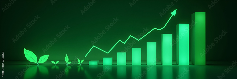 Fototapeta premium Glowing green metrics representing sustainability goals display environmental achievements with a backdrop that allows for sidelined copy space, emphasizing a commitment to ecological responsibility.