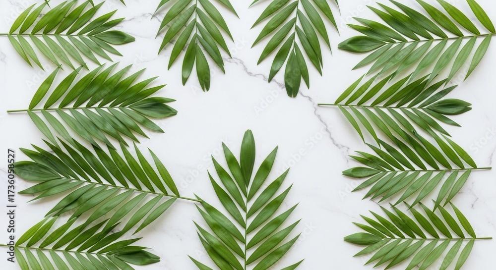 Fototapeta premium Green palm fronds are artfully arranged on a white marble surface framing a central empty space with natural elegance
