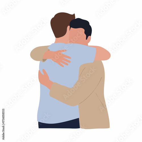 Modern Flat Illustration of Two Men Embracing Each Other Affectionately