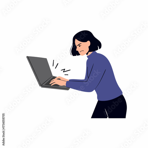 Flat Illustration Angry Woman Frustrated Working on Laptop Computer Character