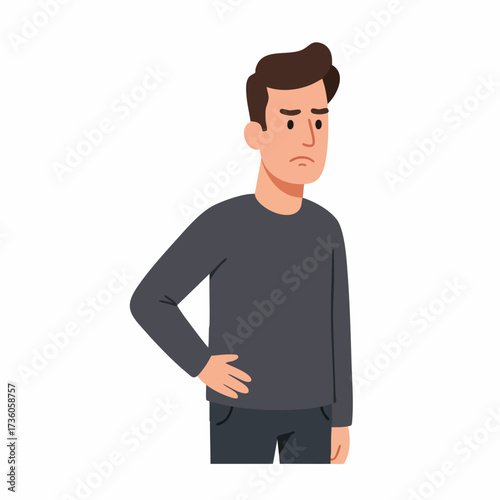 Flat Illustration Unhappy Young Adult Man Standing with Hand on Hip Character