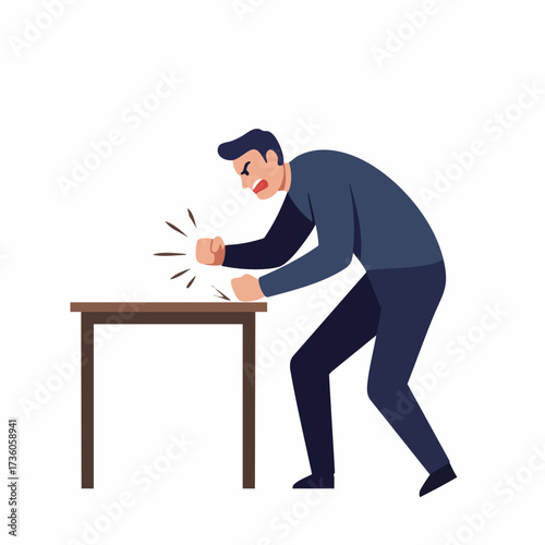 Flat Illustration Man Fists Slamming on Table Expressing Anger and Frustration