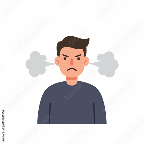 Flat Illustration Furious Man with Steam Coming Out of Ears Character