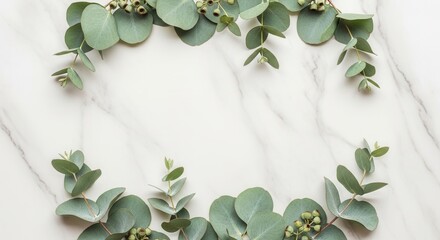 Light marble background framed by bluish-green eucalyptus leaves and seed pods with clear space in the center