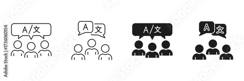 Multilingual Communication Group Line And Solid Icon Set. Language Exchange, Translation, And Cultural Interaction Symbol Collection. Diverse Language Skills. Isolated Vector Illustration