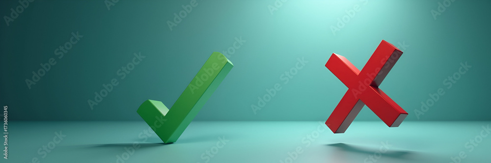 Obraz premium A floating green checkmark and red cross are selected interactively, captured with leading lines to create an engaging visual that allows ample room for textual overlay.