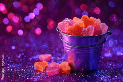 Heart Shaped Candies In Purple Bucket With Bokeh