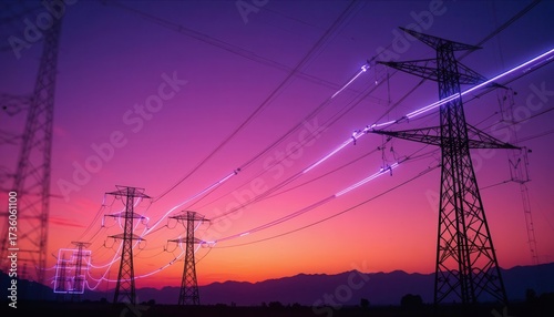 Vibrant Power Lines Against a Deep Purple Horizon