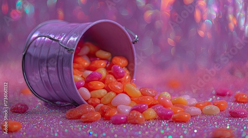 Colorful Candy Beans Spill From Pink Bucket On Pink Glitter Background