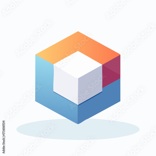 Abstract geometric cube with three distinct color segments and shadow.