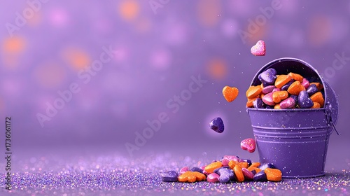 Purple Bucket Filled With Falling Heart Shaped Candies