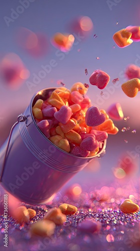 Pink Bucket Filled With Falling Heart Shaped Candies