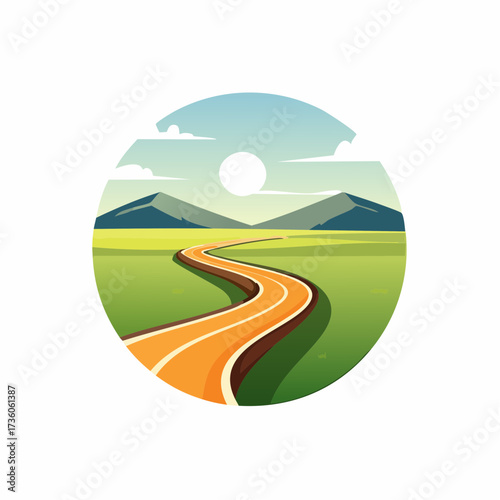 Curving Orange Road Leading Towards Distant Mountains and Fields.
