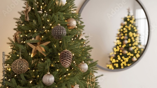 Warm Christmas tree close-up with glowing LED lights and mix of pinecone, bronze star, black bauble, and silver filigree ornament